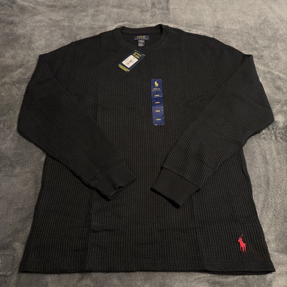 LARGE Mens Polo Ralph Lauren Thermal Waffle Knit Long Sleeve Shirt BLACK